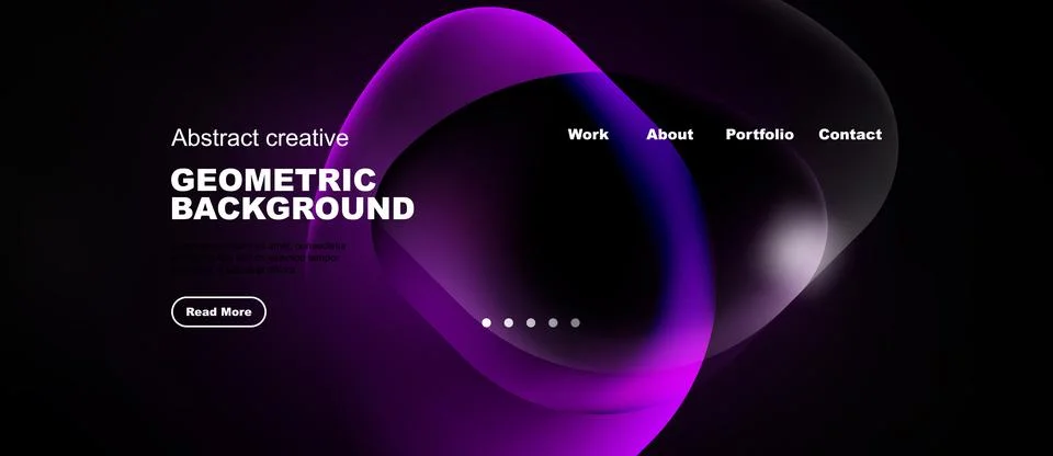 Dark background features vibrant purple fluid shapes. Website header includes Illustrazione stock