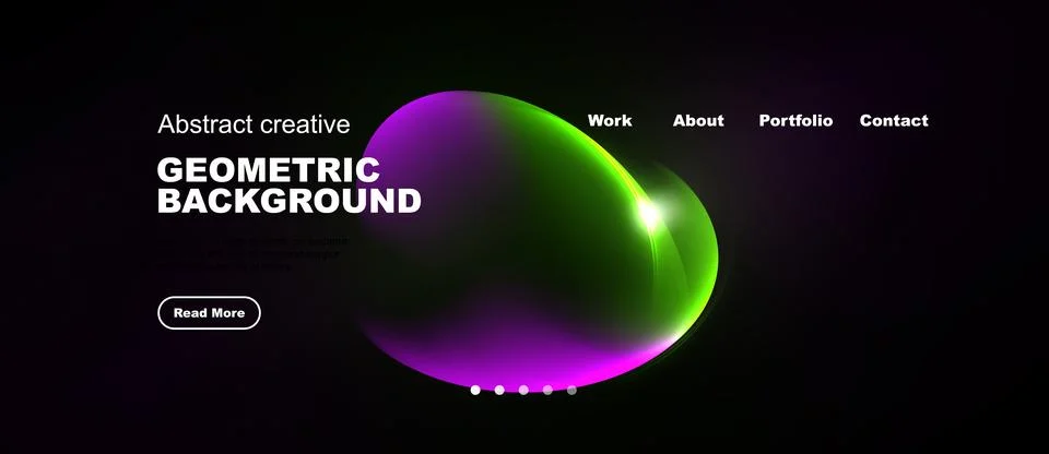 Dark background features vibrant purple, green shapes. Website header include Stock Illustration