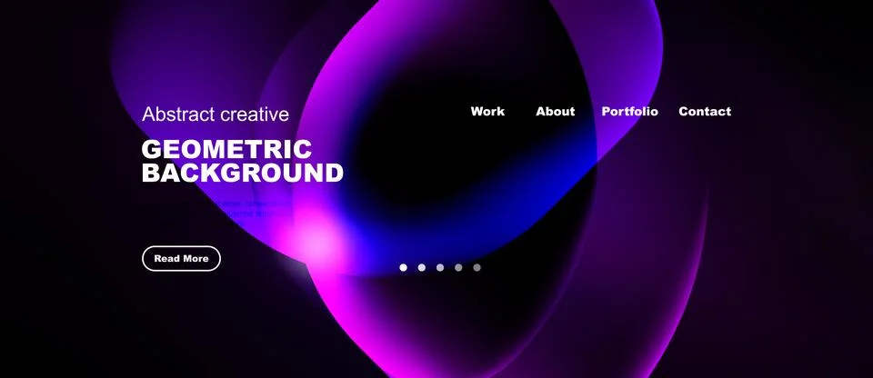 Dark background features vibrant purple, blue shapes. Text includes geometric Illustrazione stock