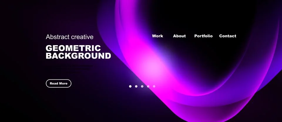 Dark background features vibrant purple abstract shapes. Website navigation Stock Illustration