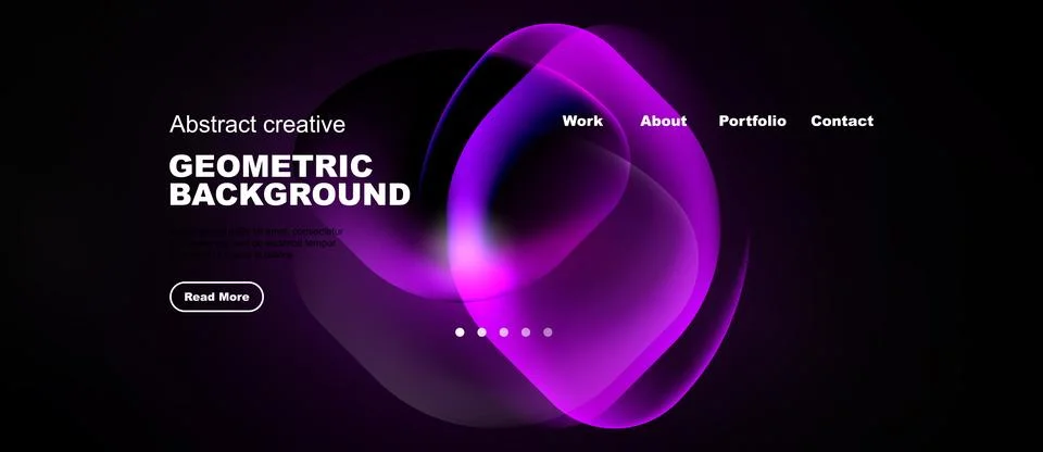 Dark background features vibrant purple abstract shapes. Website header inc.. Illustrazione stock