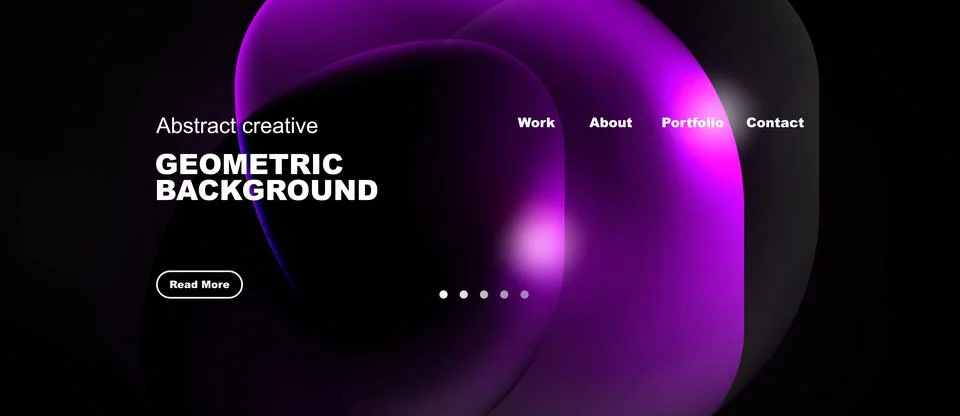 Dark background features vibrant purple abstract shapes. Menu options include Stock Illustration