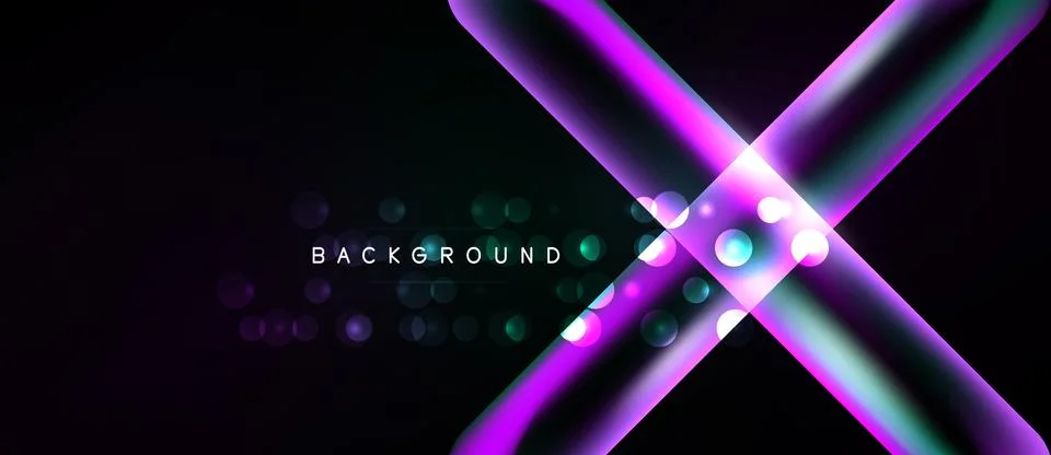 Dark background features vibrant purple, teal lines forming abstract cross. Stock Illustration