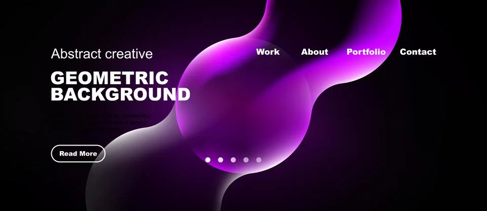 Dark background features vibrant purple shapes, text, navigation menu. Modern Stock Illustration