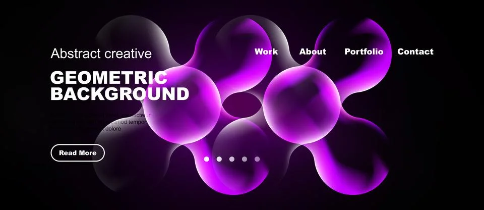 Dark background features vibrant purple bubbles, text elements, navigation .. Stock Illustration