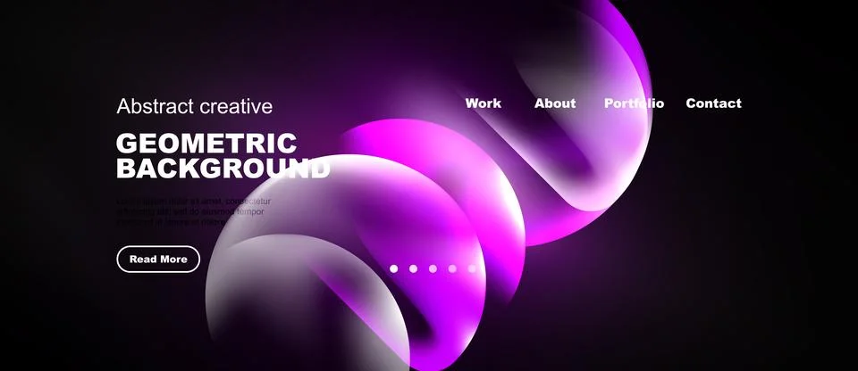Dark background features vibrant purple fluid shapes, text elements, navigati 库存插图