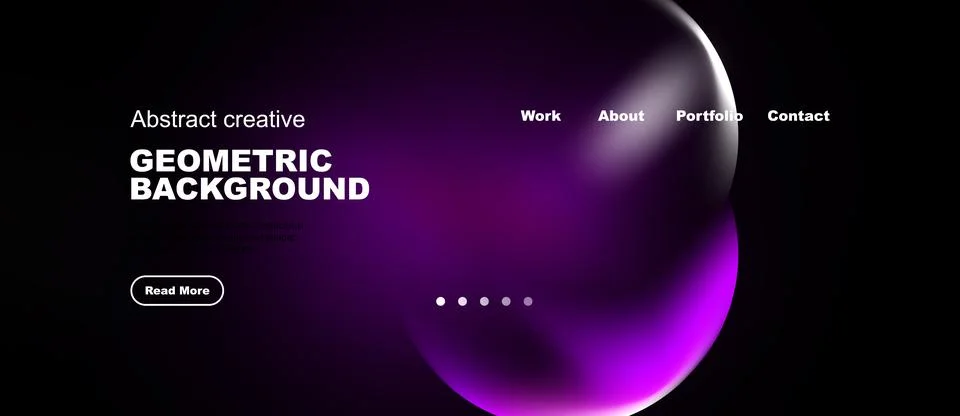 Dark background features vibrant purple shapes, text elements, navigation men Stock Illustration