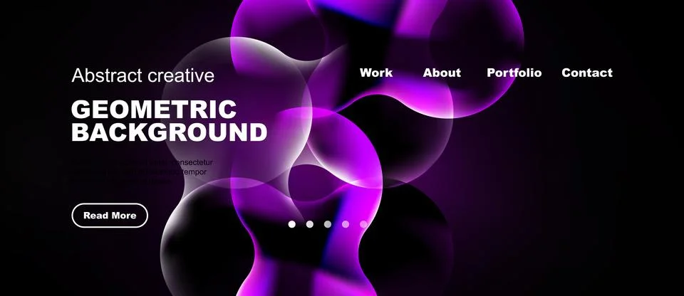 Dark background features vibrant purple shapes, text, navigation menu. Modern Illustrazione stock