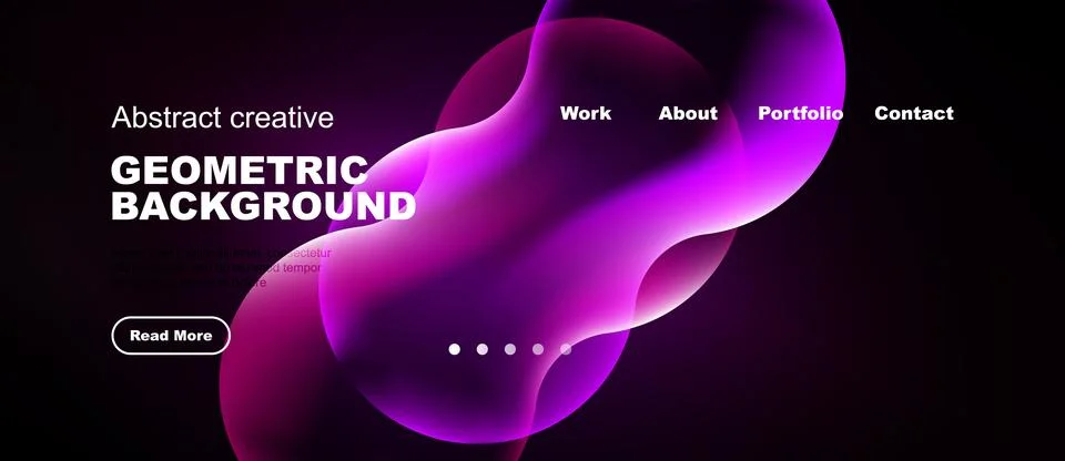 Dark background features vibrant purple shapes, text elements, navigation men Stock Illustration