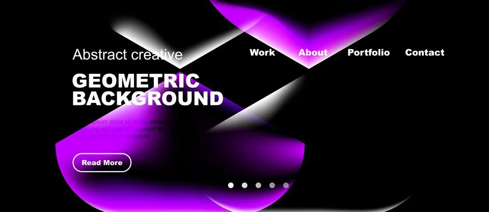 Dark background features vibrant purple geometric shapes. Website navigation 스톡 일러스트