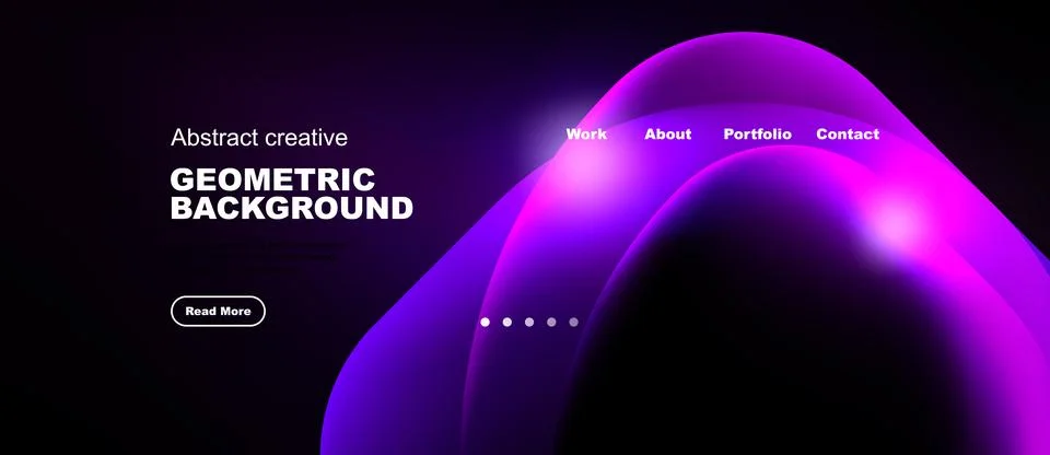 Dark background features vibrant purple shapes, text elements, navigation Stock Illustration