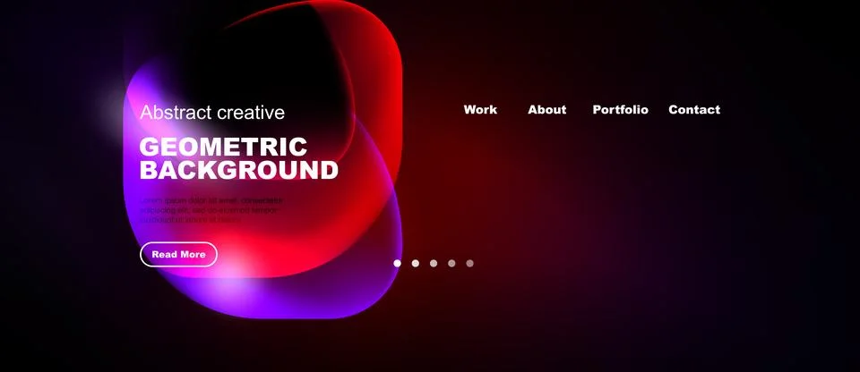 Dark background features vibrant purple, red shapes. Website header includes Stock Illustration