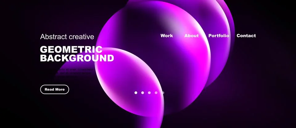 Dark background features vibrant purple shapes, text elements, navigation men Stock Illustration