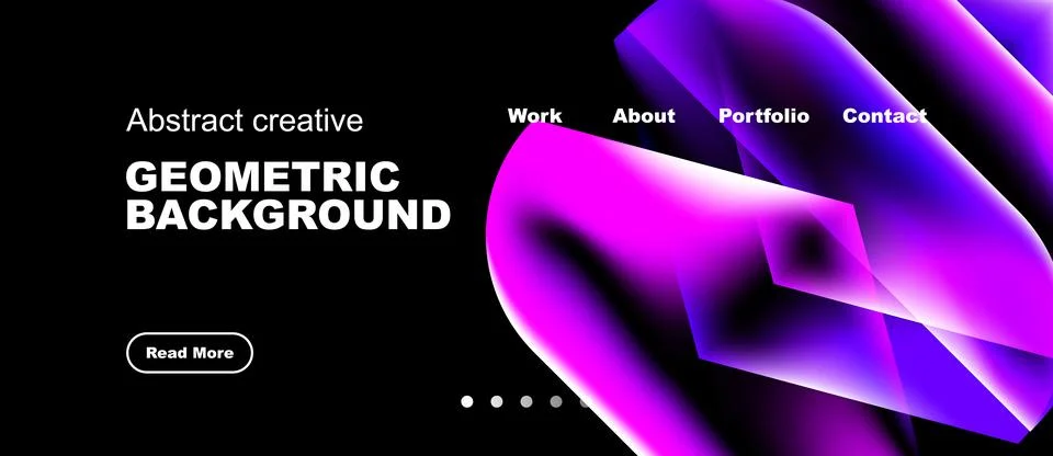Dark background features vibrant purple geometric shapes, text elements, Stock Illustration