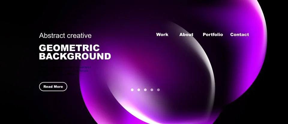 Dark background features vibrant purple shapes, text elements, navigation men Stock Illustration