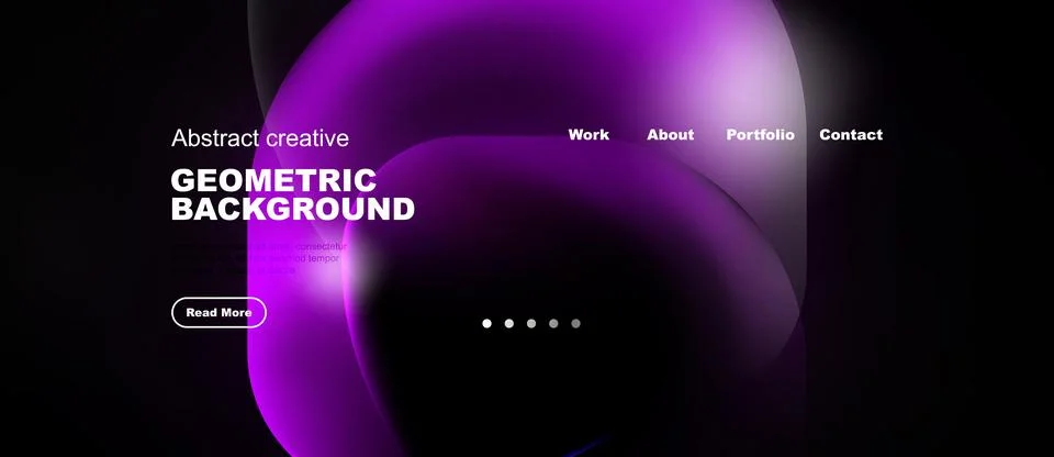Dark background features vibrant purple abstract shapes. Text highlights Stock Illustration