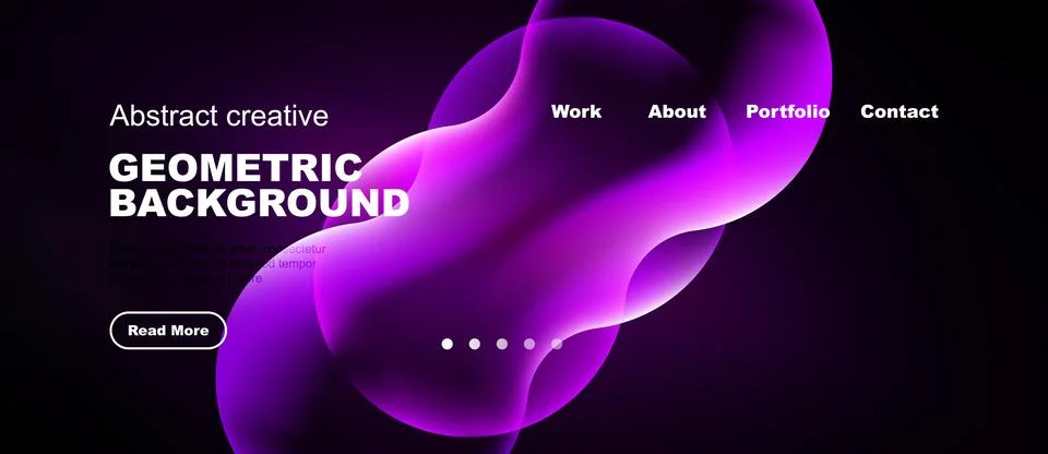 Dark background features vibrant purple shapes, text elements, navigation men Stock Illustration