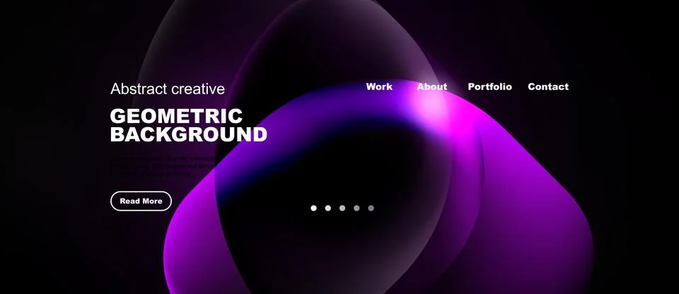 Dark background features vibrant purple abstract shapes. Website header inc.. Illustrazione stock