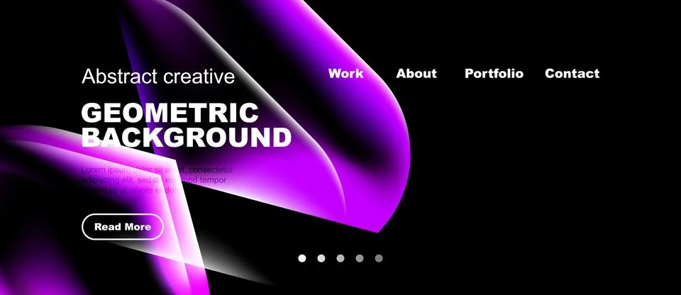 Dark background features vibrant purple geometric shapes, text, navigation .. Stock Illustration