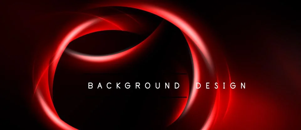 Dark background features vibrant red neon lines forming abstract circular d.. Stock Illustration