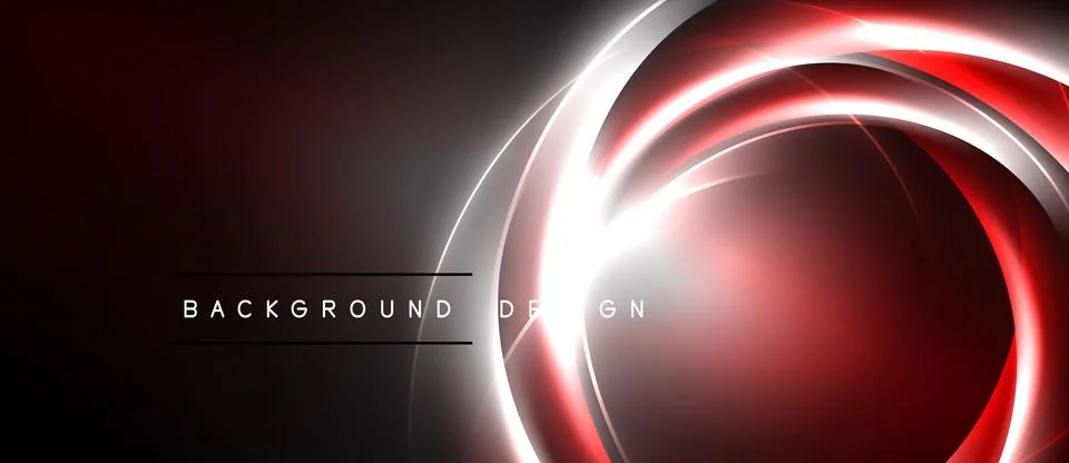 Dark background features vibrant red, white circular neon lines. Modern desig Stock Illustration