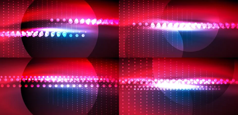 Dark background features vibrant red circles, glowing lights, dotted patterns Illustrazione stock