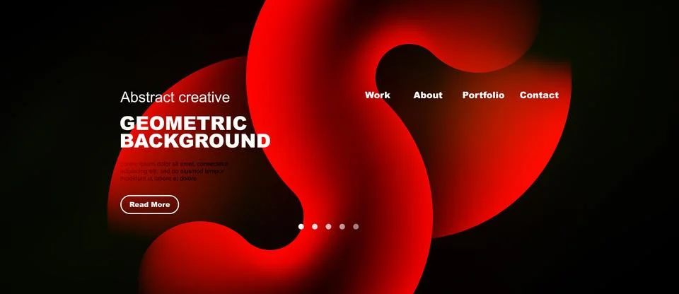 Dark background features vibrant red abstract shapes, text, navigation menu. 스톡 일러스트