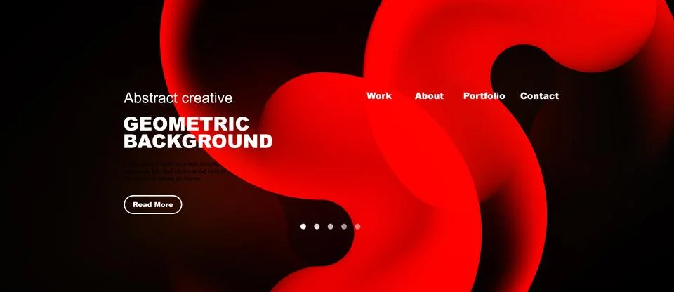 Dark background features vibrant red geometric shapes. Website header include Stock Illustration