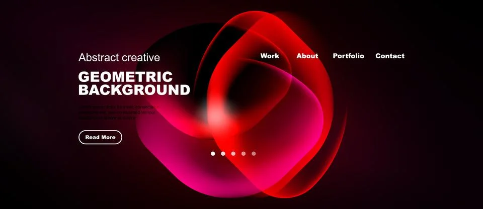 Dark background features vibrant red geometric shapes, text elements, navig.. Illustrazione stock