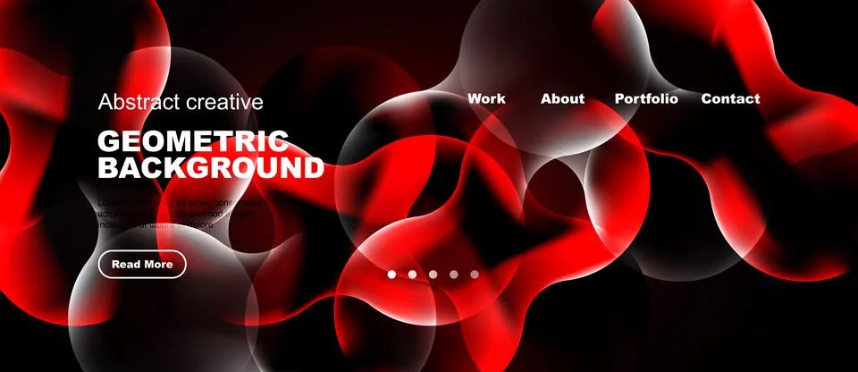 Dark background features vibrant red, white shapes. Website navigation visibl イラスト素材