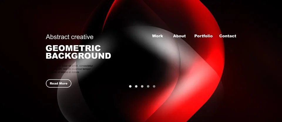 Dark background features vibrant red geometric shapes. Website header include Stock Illustration