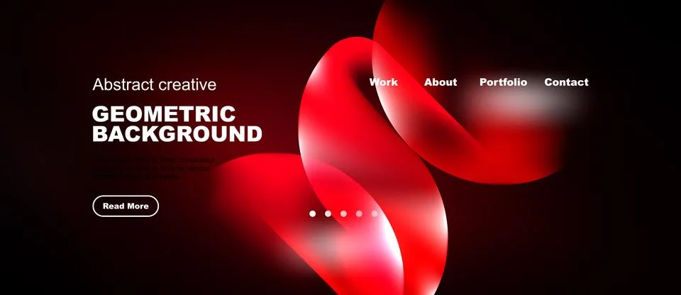 Dark background features vibrant red abstract shapes, text, navigation menu. Stock Illustration