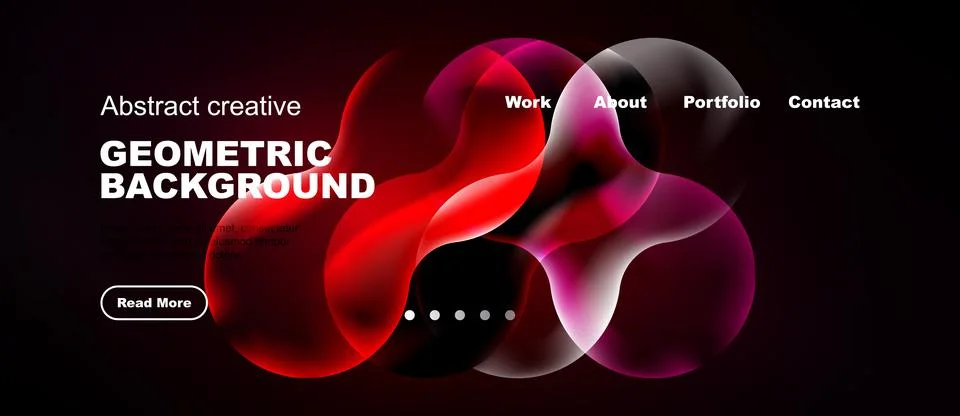 Dark background features vibrant red, pink shapes. Text includes geometric Stock Illustration