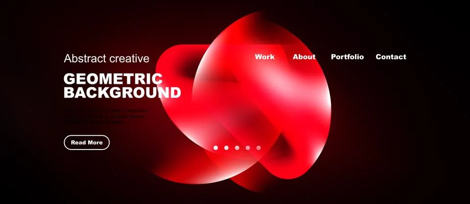 Dark background features vibrant red geometric shapes, website navigation, te Stockillustratie