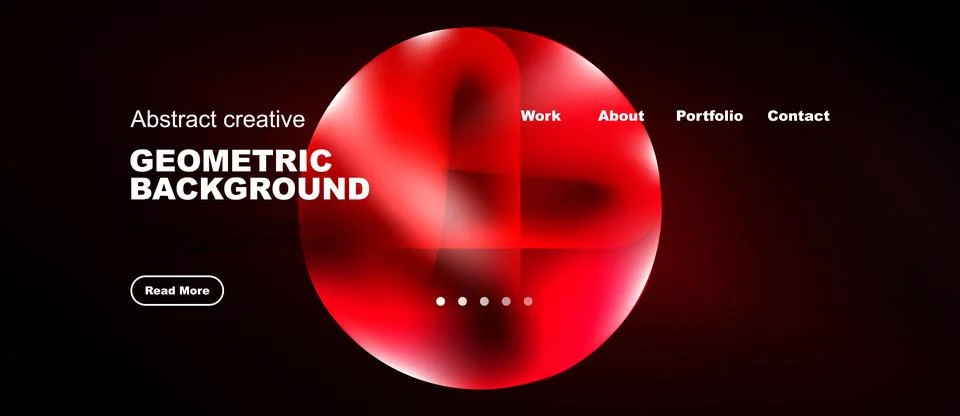 Dark background features vibrant red sphere. Minimalist website design includ Illustrazione stock