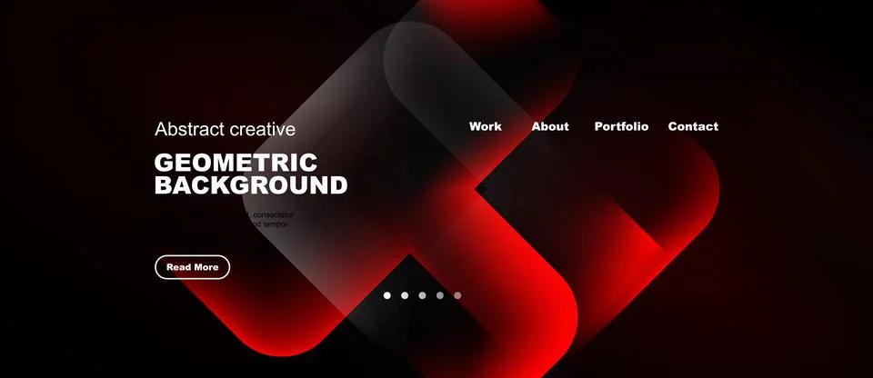 Dark background features vibrant red geometric shapes, text elements, navig.. Stock Illustration