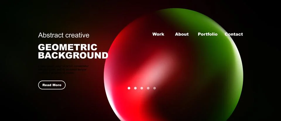 Dark background features vibrant sphere, text elements. Navigation includes.. Illustrazione stock