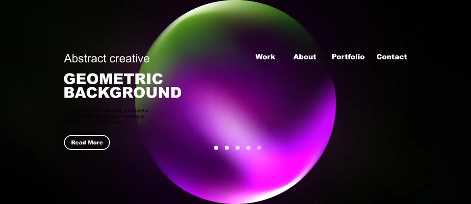 Dark background features vibrant sphere. Text elements include work, about, イラスト素材