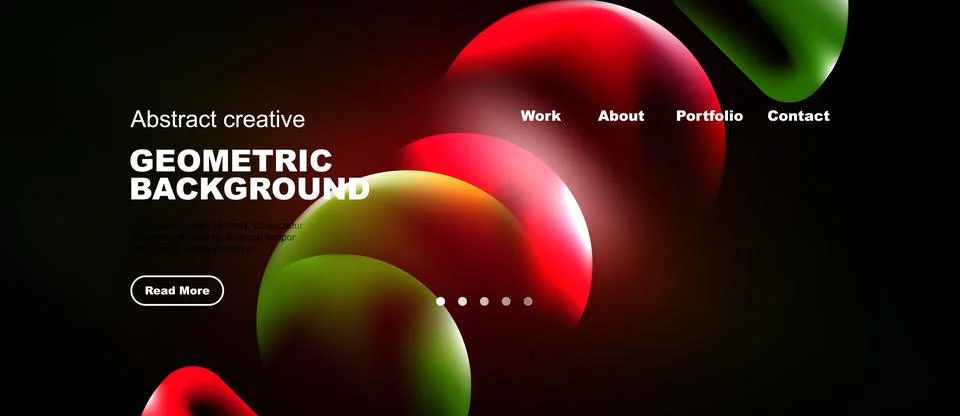 Dark background features vibrant spheres, text overlay, navigation menu. Mode Stock Illustration