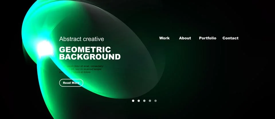 Dark background features vibrant teal geometric shapes. Text elements include Stock-Illustration