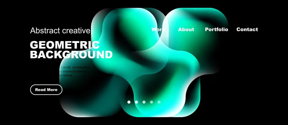 Dark background features vibrant teal shapes, text elements, navigation menu. 스톡 일러스트