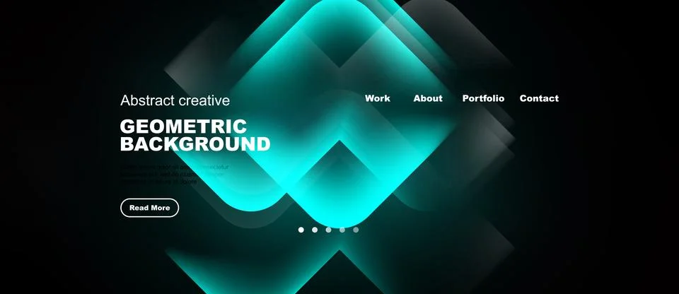 Dark background features vibrant turquoise geometric shapes. Website header Stock Illustration