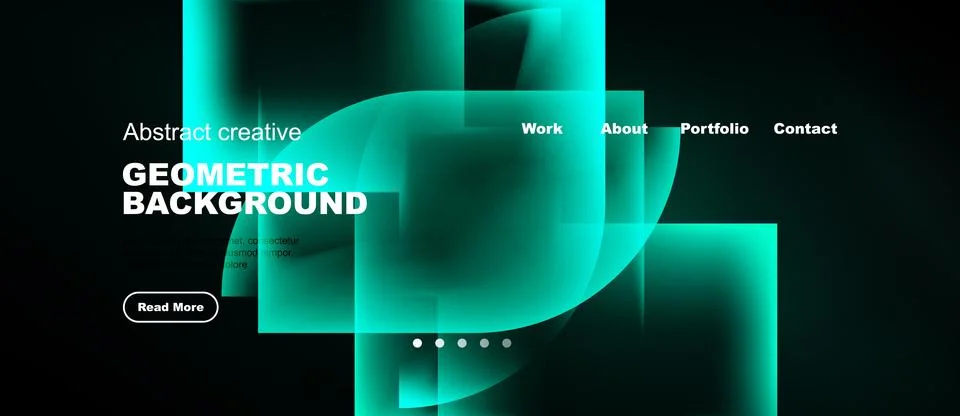Dark background features vibrant turquoise geometric shapes. Website header Stock Illustration