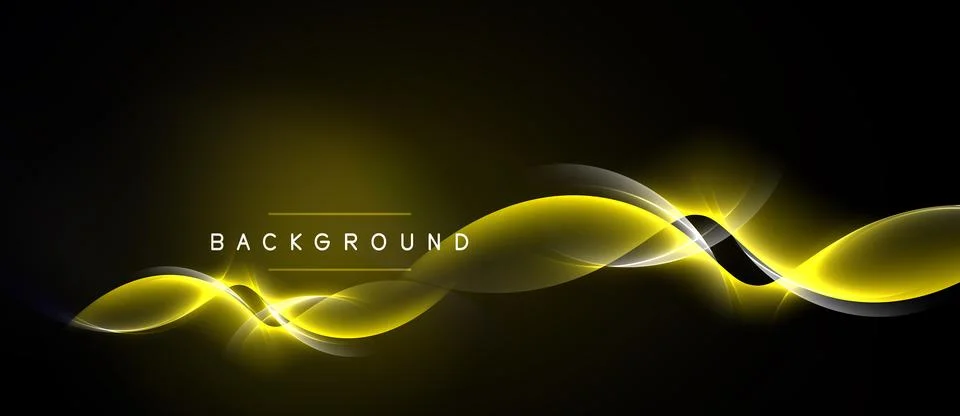 Dark background features vibrant yellow waves. Light glows emanate from curve Stock Illustration