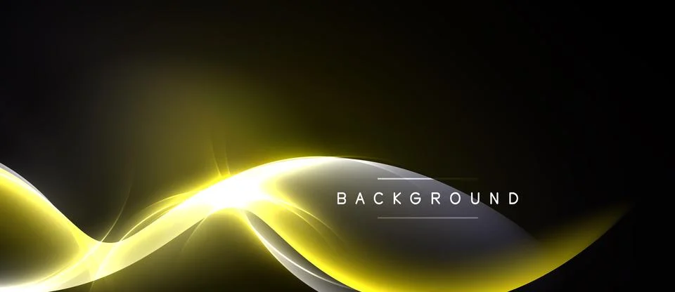 Dark background features vibrant yellow curves. Light radiates from center, Illustrazione stock