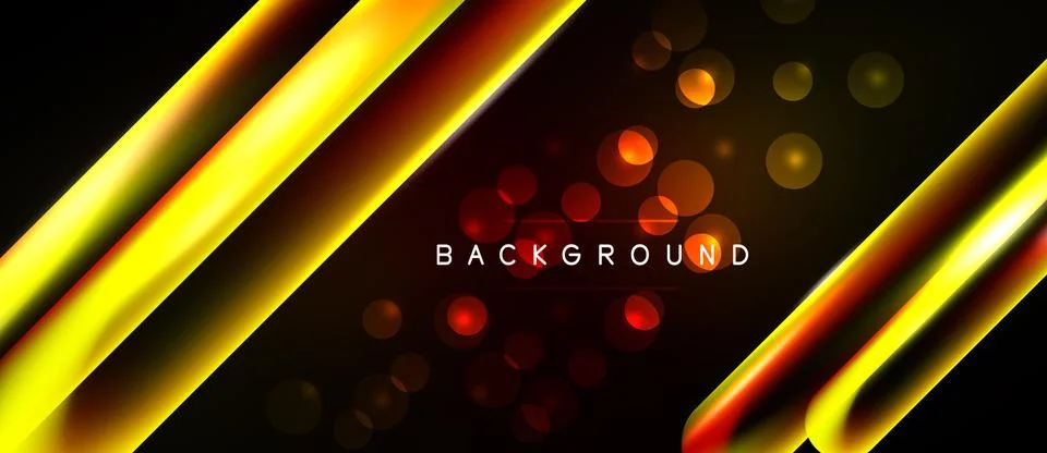 Dark background features vibrant yellow, red gradients. Bokeh effects add d.. Illustrazione stock