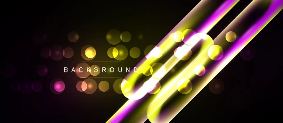 Dark background features vibrant yellow, purple lines. Glowing circles create Stock Illustration