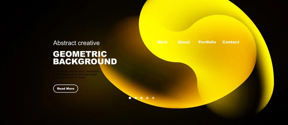 Dark background features vibrant yellow abstract shapes, text, navigation men Illustrazione stock
