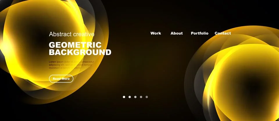 Dark background features vibrant yellow abstract shapes. Text elements presen Ilustración de archivo