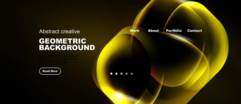 Dark background features vibrant yellow geometric shapes. Website header Illustrazione stock